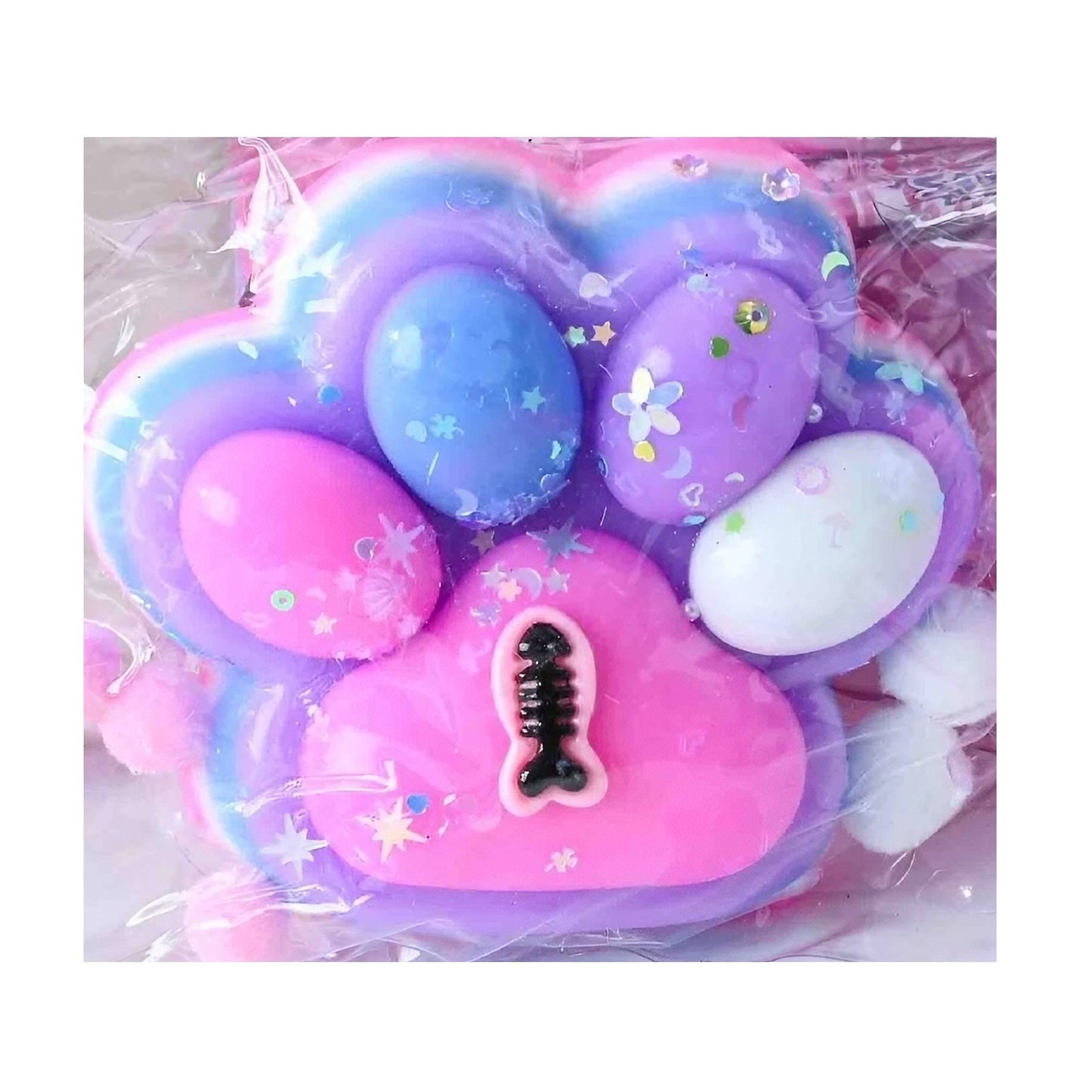 Jucarie Antistres Squishy, Flippy, cu Revenire Lenta, Model Labuta de Pisica, cu Pestisor, 220g, 12.5 x 10.5 cm Squeeze Pinch Family, Ambalaj Transparent, Roz-Multicolor