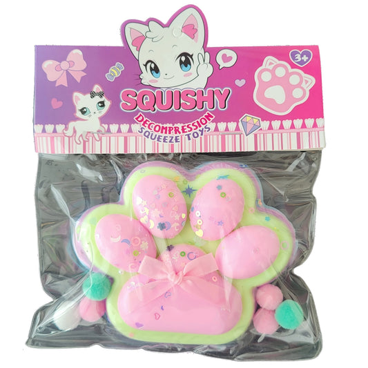 Jucarie Antistres Squishy, Flippy, cu Revenire Lenta, Model Labuta de Pisica Pufoasa, 12.5x10.5 cm, 200g, Squeeze Pinch Family, Ambalaj Transparent, Roz Curcubeu