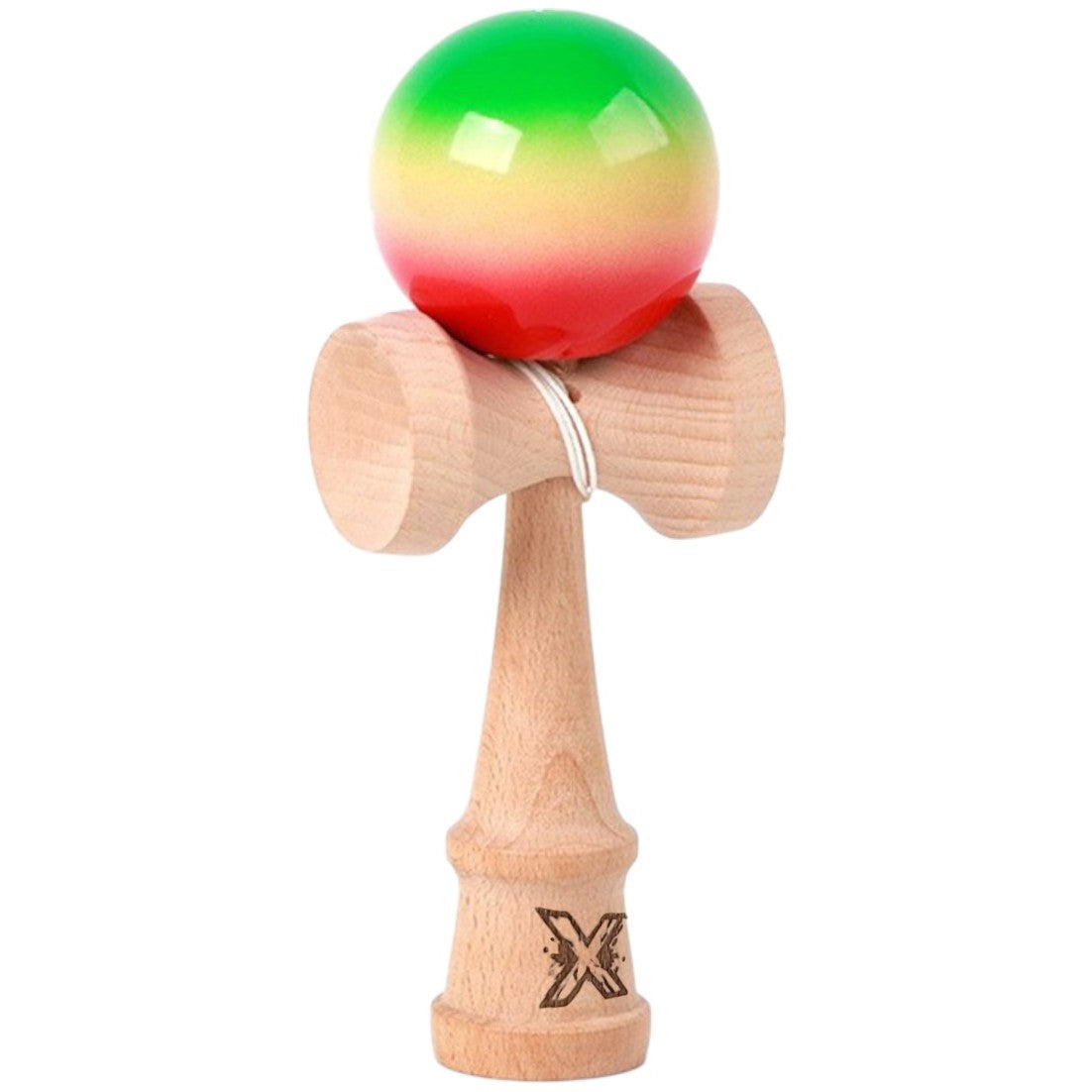 Kendama X Originala, Profesionala, Flippy, din Lemn, 18 cm, Verde/Galben/Rosu