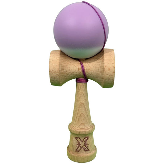 Kendama X Originala, Profesionala, Flippy, din Lemn cu Bila Cauciucata, 18 x 6 x 7 cm, Gradient Mov/Alb