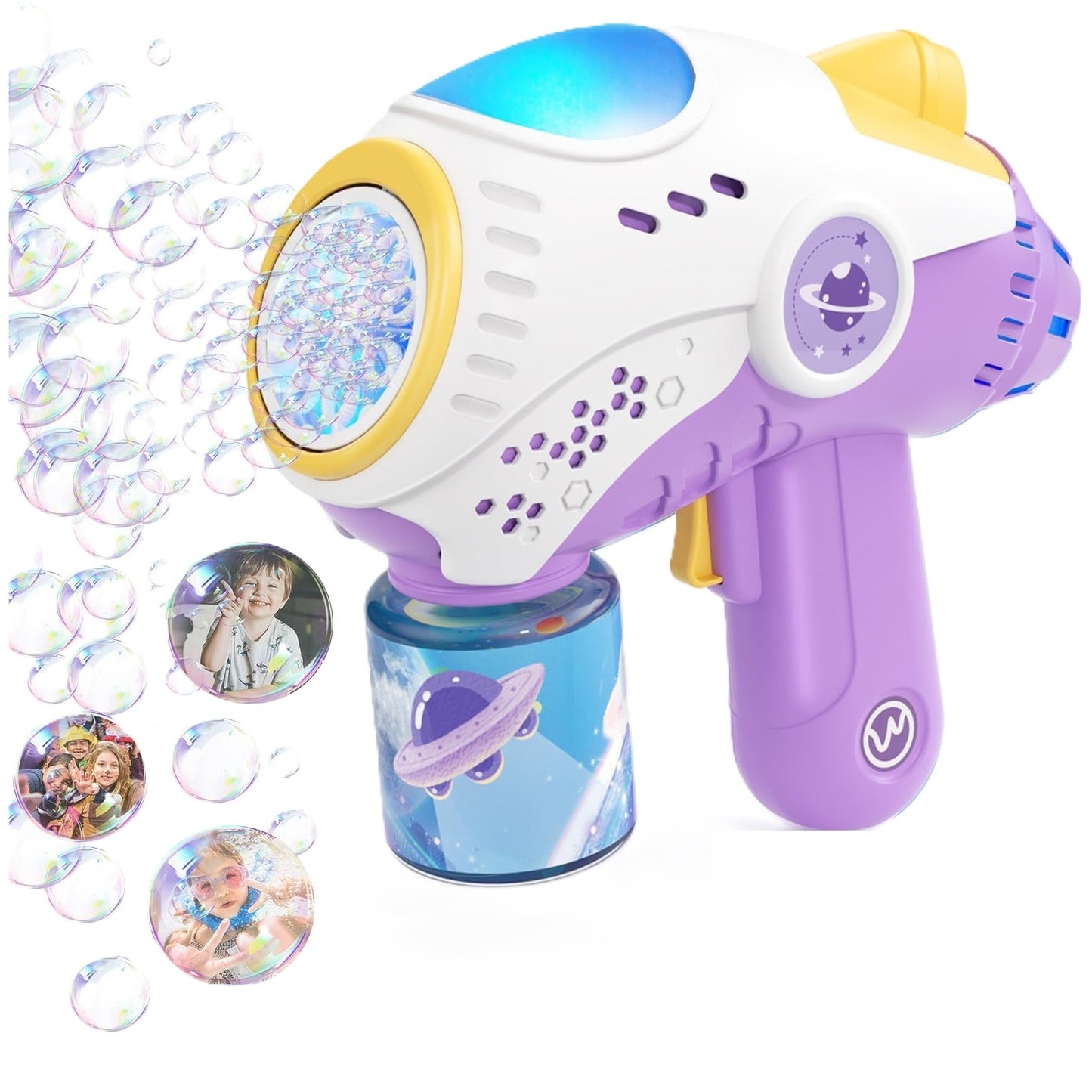Jucarie Interactiva pentru Baloane de Sapun, Flippy, Sunete si Lumini, Model Pistol, cu 8 Orificii, 19 x 8.8 x 16.3 cm, Mov