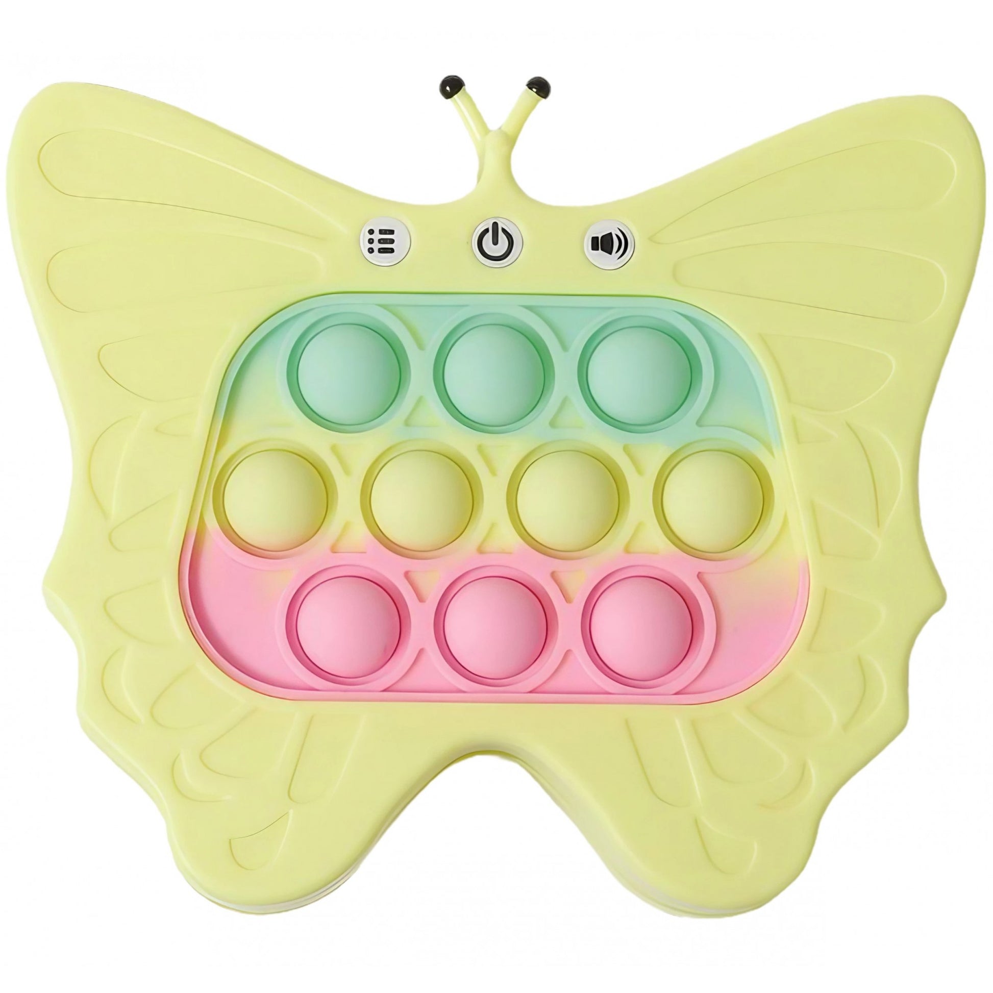 Jucarie Interactiva Tip Consola pentru Copii, Flippy, Diferite Moduri de Joc, 120 Nivele, Material ABS/silicon, cu Nivele, Sunete si Lumini, 12 x 5.5 x 13.5 cm cm, Model Fluture, Galben