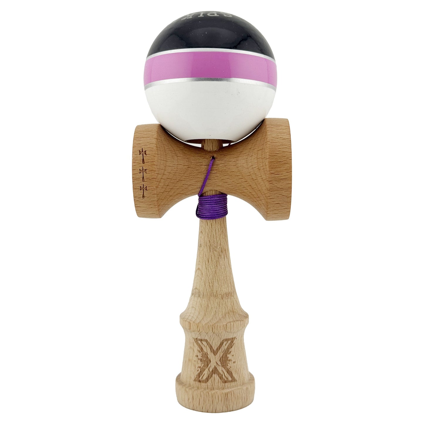 Kendama X ROYAL SPIKE Originala, Profesionala, Flippy, Big Cups V2, Super Sticky cu Cupe Mari, Rulment Metalic, din lemn 18 cm, Ata 55 cm, Negru/Roz Silver/Alb