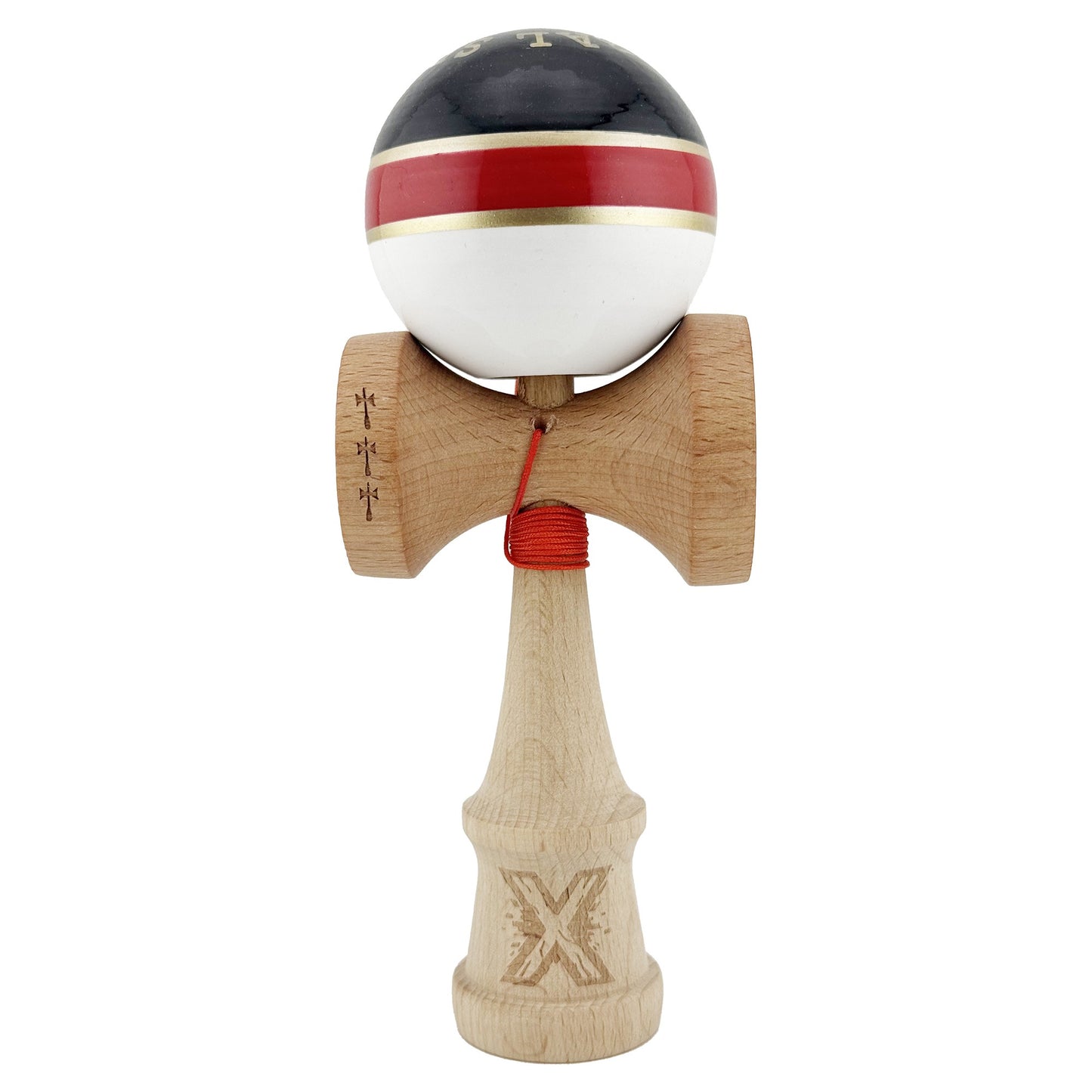Kendama X ROYAL SPIKE Originala, Profesionala, Flippy, Big Cups V2, Super Sticky cu Cupe Mari, Rulment Metalic, din lemn 18 cm, Ata 55 cm, Negru/Rosu Gold/Alb