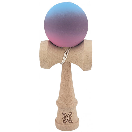 Kendama X Originala, Profesionala, Flippy, din Lemn, 18 cm, Rubber Grip, Gradient Albastru deschis/Mov/Roz