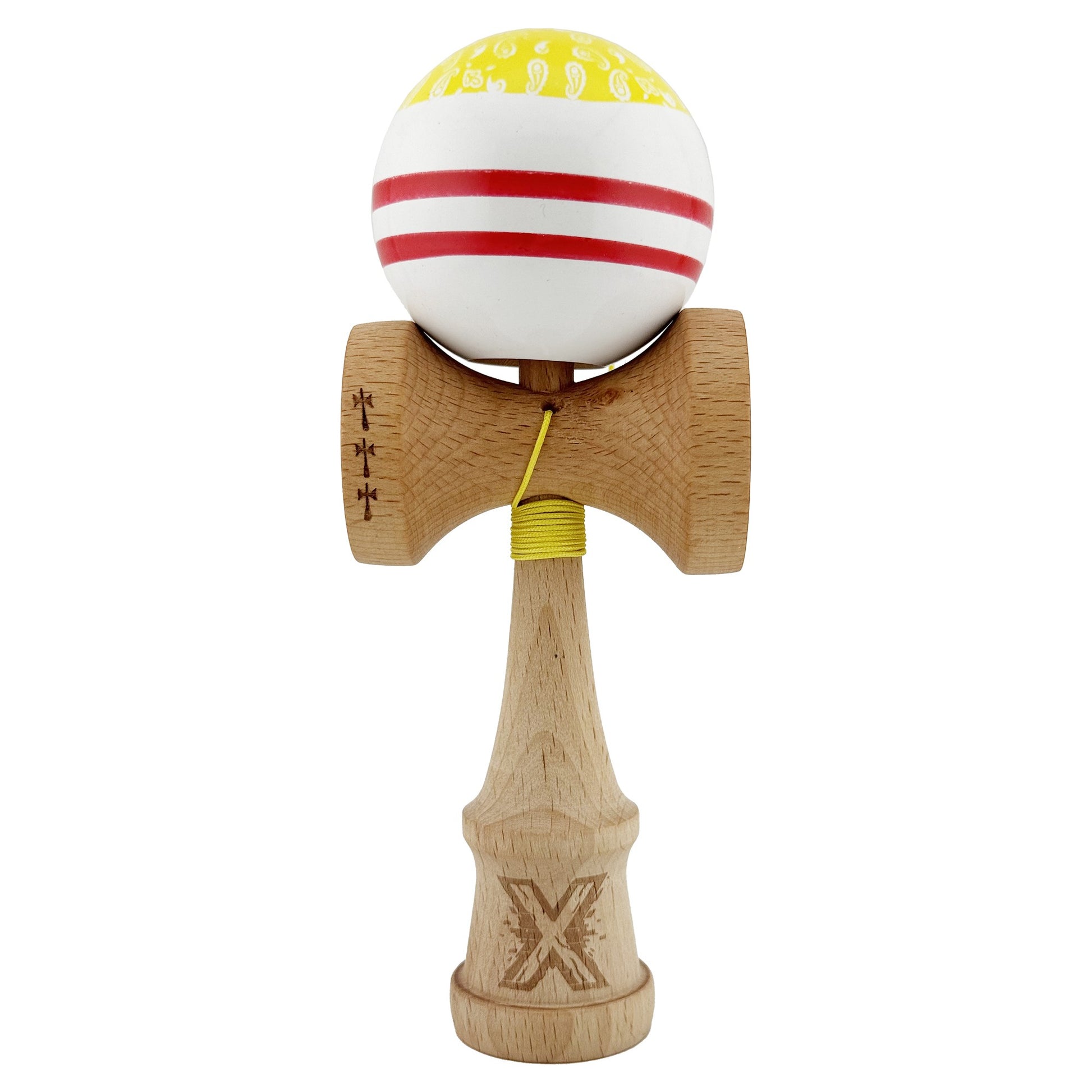 Kendama X CHICANOS Originala, Profesionala, Flippy, Big Cups V2, Super Sticky cu Cupe Mari, Rulment Metalic, din lemn 18 cm, Ata 55 cm, Auriu/Alb