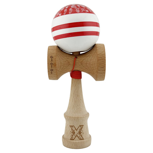 Kendama X CHICANOS Originala, Profesionala, Flippy, Big Cups V2, Super Sticky cu Cupe Mari, Rulment Metalic, din lemn 18 cm, Ata 55 cm, Rosu/Alb