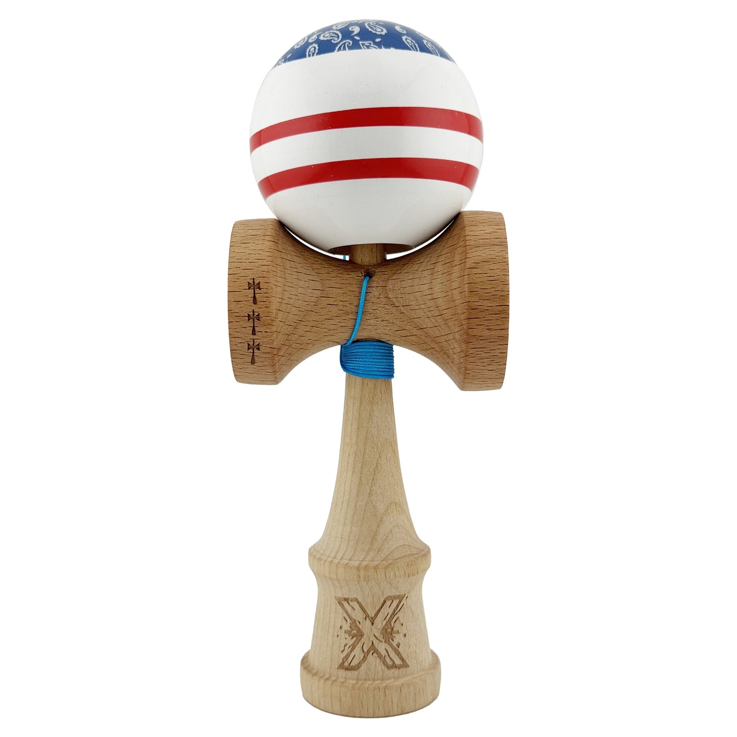 Kendama X CHICANOS Originala, Profesionala, Flippy, Big Cups V2, Super Sticky cu Cupe Mari, Rulment Metalic, din lemn 18 cm, Ata 55 cm, Albastru/Alb