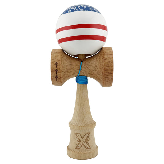 Kendama X CHICANOS Originala, Profesionala, Flippy, Big Cups V2, Super Sticky cu Cupe Mari, Rulment Metalic, din lemn 18 cm, Ata 55 cm, Albastru/Alb
