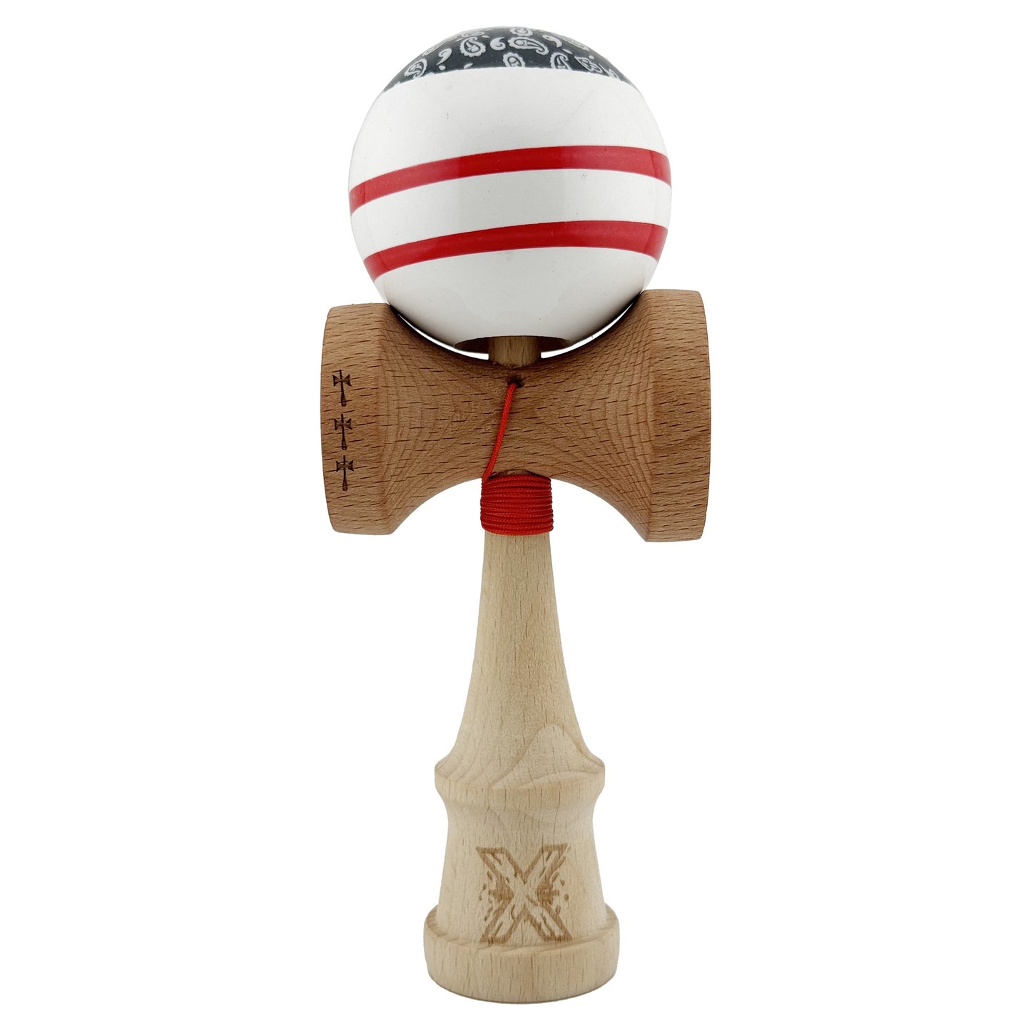 Kendama X CHICANOS Originala, Profesionala, Flippy, Big Cups V2, Super Sticky cu Cupe Mari, Rulment Metalic, din lemn 18 cm, Ata 55 cm, Negru/Alb