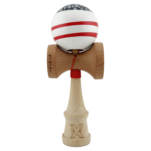 Kendama X CHICANOS Originala, Profesionala, Flippy, Big Cups V2, Super Sticky cu Cupe Mari, Rulment Metalic, din lemn 18 cm, Ata 55 cm, Negru/Alb