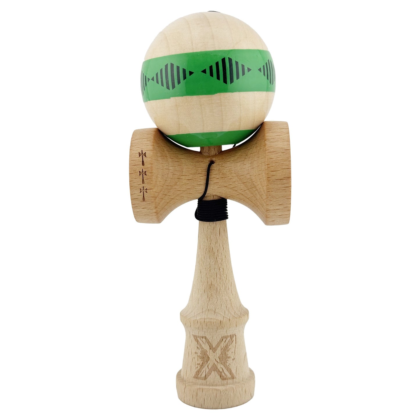 Kendama X FREQUENCY Originala, Profesionala, Flippy, Big Cups V2, Super Sticky cu Cupe Mari, Rulment Metalic, din lemn 18 cm, Ata 55 cm, Verde/Maro