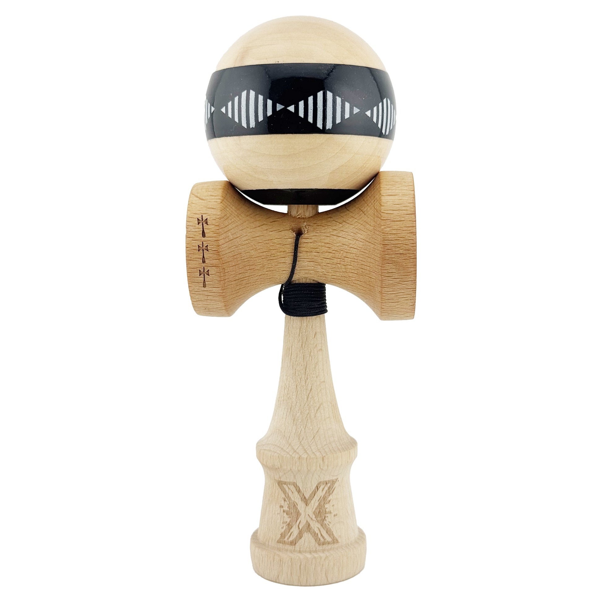 Kendama X FREQUENCY Originala, Profesionala, Flippy, Big Cups V2, Super Sticky cu Cupe Mari, Rulment Metalic, din lemn 18 cm, Ata 55 cm, Negru/Maro
