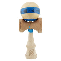 Kendama X FREQUENCY Originala, Profesionala, Flippy, Big Cups V2, Super Sticky cu Cupe Mari, Rulment Metalic, din lemn 18 cm, Ata 55 cm, Albastru/Maro