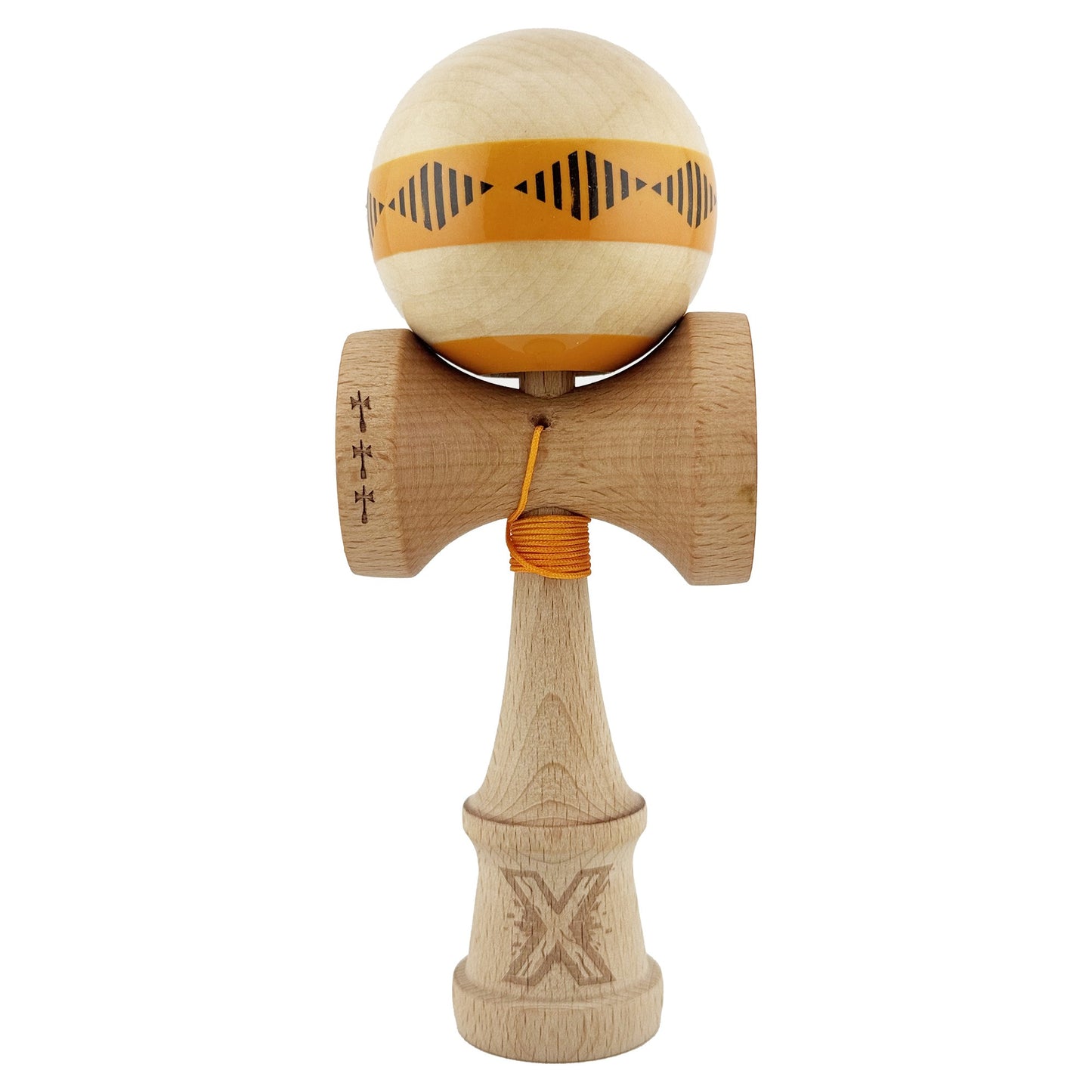 Kendama X FREQUENCY Originala, Profesionala, Flippy, Big Cups V2, Super Sticky cu Cupe Mari, Rulment Metalic, din lemn 18 cm, Ata 55 cm, Portocaliu/Maro