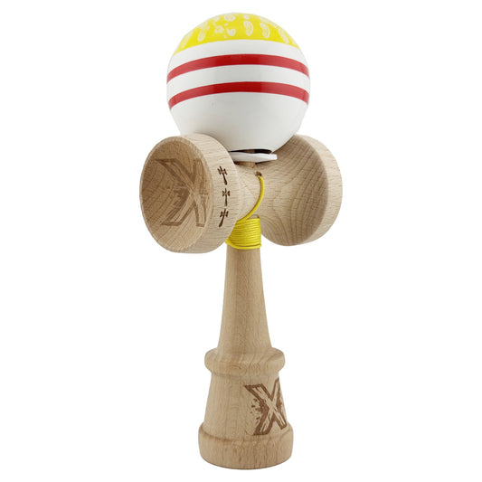 Kendama X Originala CHICANOS, Profesionala, Flippy, Cupe Mari KING SIZE V3, Super Sticky, Gaura in Baza, Rulment Metalic, din lemn 18 cm, Ata 62/65 cm, Galben/Alb
