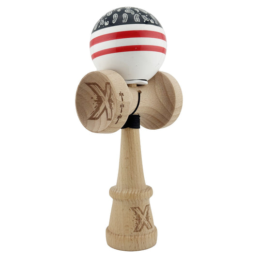 Kendama X Originala CHICANOS, Profesionala, Flippy, Cupe Mari KING SIZE V3, Super Sticky, Gaura in Baza, Rulment Metalic, din lemn 18 cm, Ata 62/65 cm, Negru/Alb