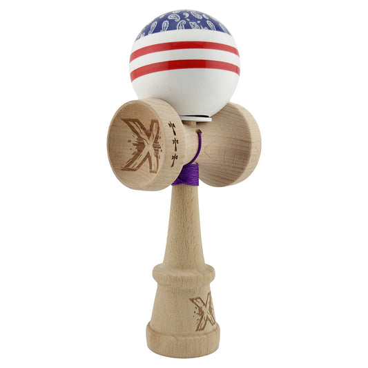 Kendama X Originala CHICANOS, Profesionala, Flippy, Cupe Mari KING SIZE V3, Super Sticky, Gaura in Baza, Rulment Metalic, din lemn 18 cm, Ata 62/65 cm, Mov/Alb