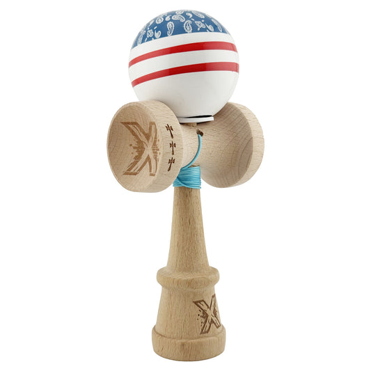 Kendama X Originala CHICANOS, Profesionala, Flippy, Cupe Mari KING SIZE V3, Super Sticky, Gaura in Baza, Rulment Metalic, din lemn 18 cm, Ata 62/65 cm, Albastru/Alb