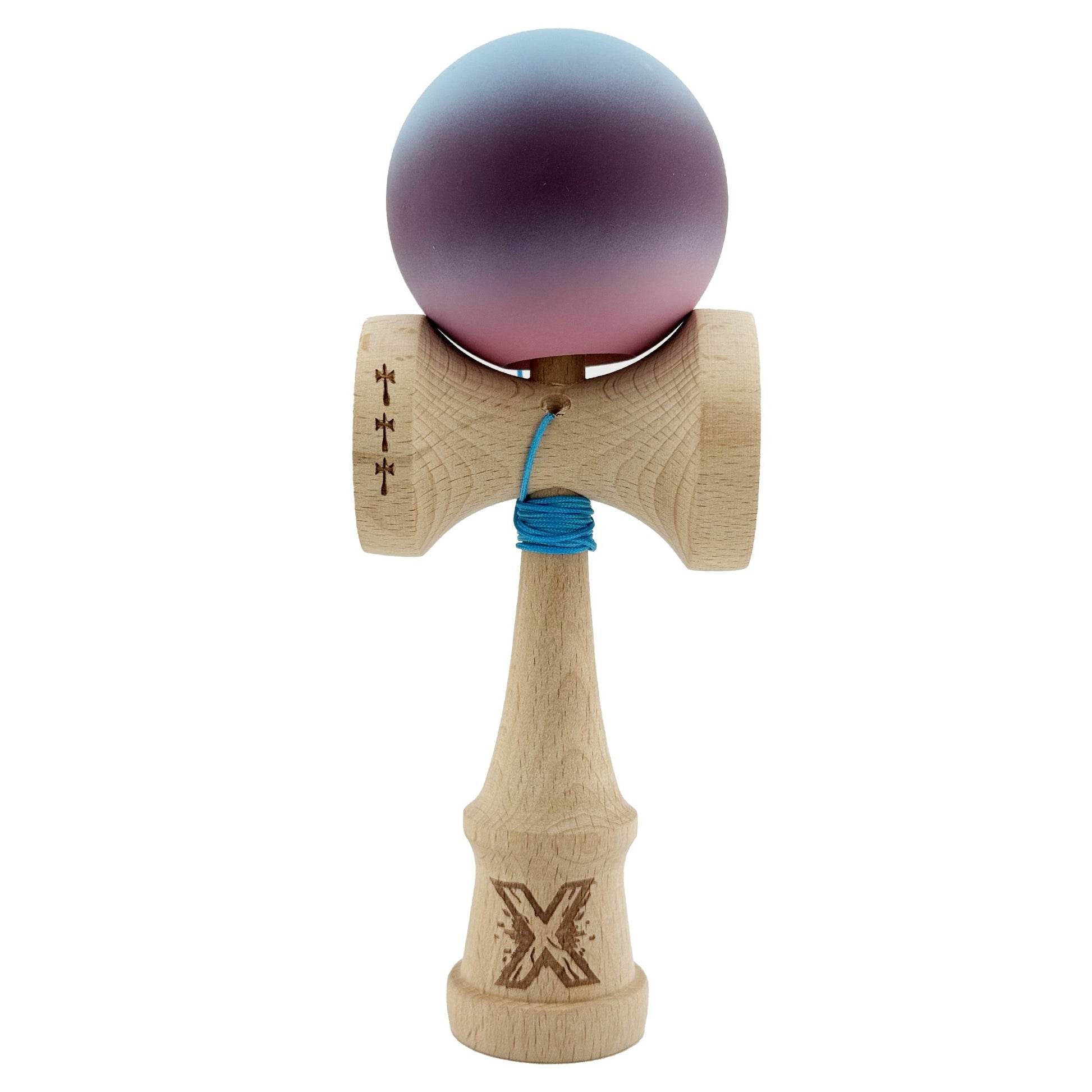 Kendama X Originala, Profesionala, Flippy, Big Cups V2, Rubber Grip cu Cupe Mari, Rulment Metalic cu Ata 55 cm, Gradient Albastru/Mov/Roz