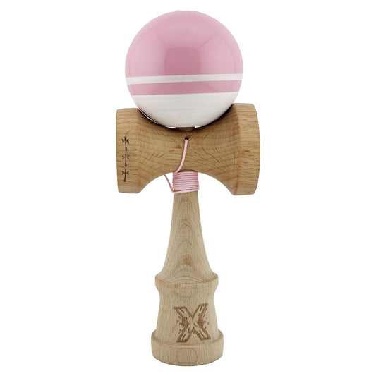 Kendama X Originala, Profesionala, Flippy, Big Cups V2, Super Sticky cu Cupe Mari, din lemn 18 cm, Rulment Metalic cu Ata 55 cm, Roz/Alb
