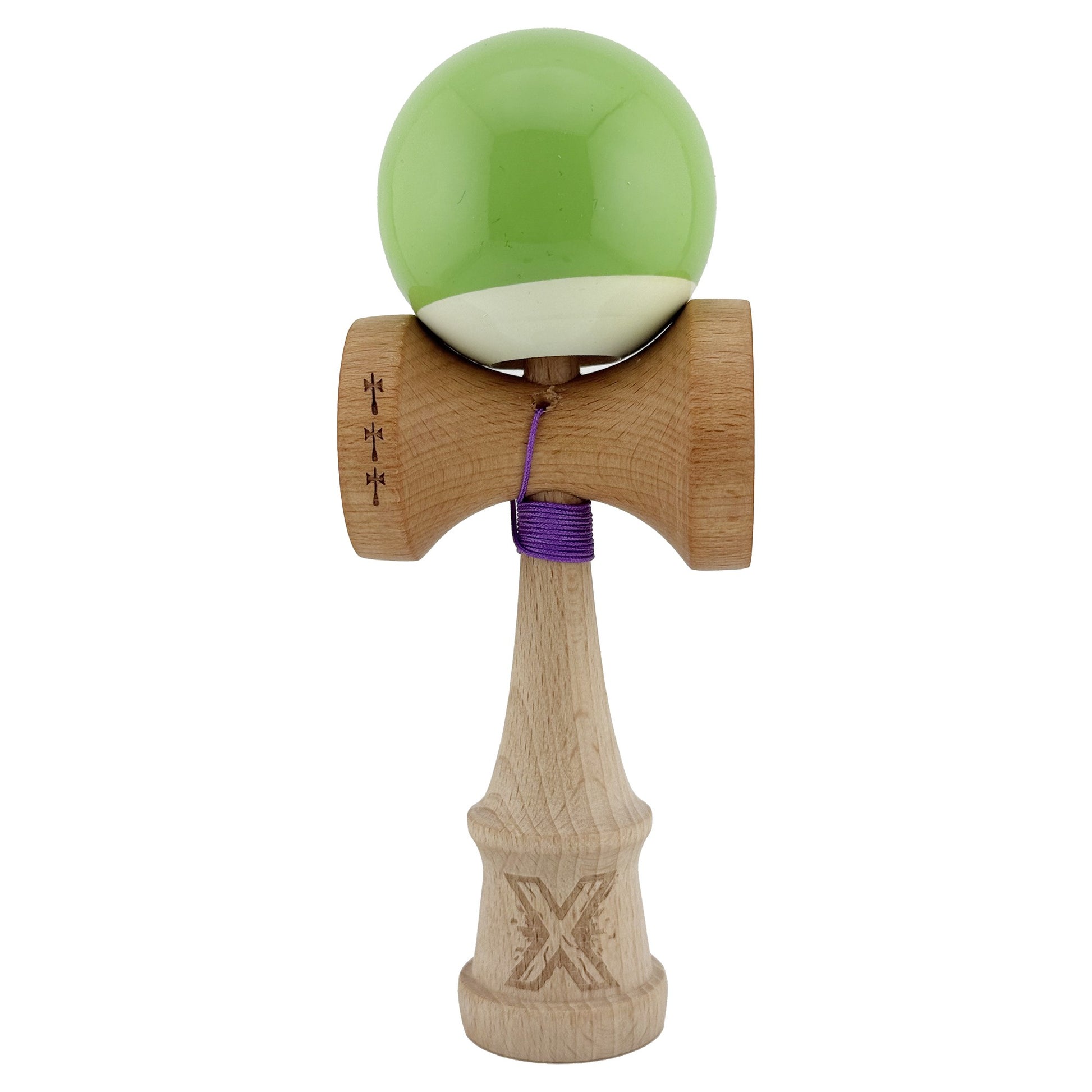 Kendama X Originala, Profesionala, Flippy, Big Cups V2, Super Sticky cu Cupe Mari, din lemn 18 cm, Rulment Metalic cu Ata 55 cm, Verde deschis/Alb