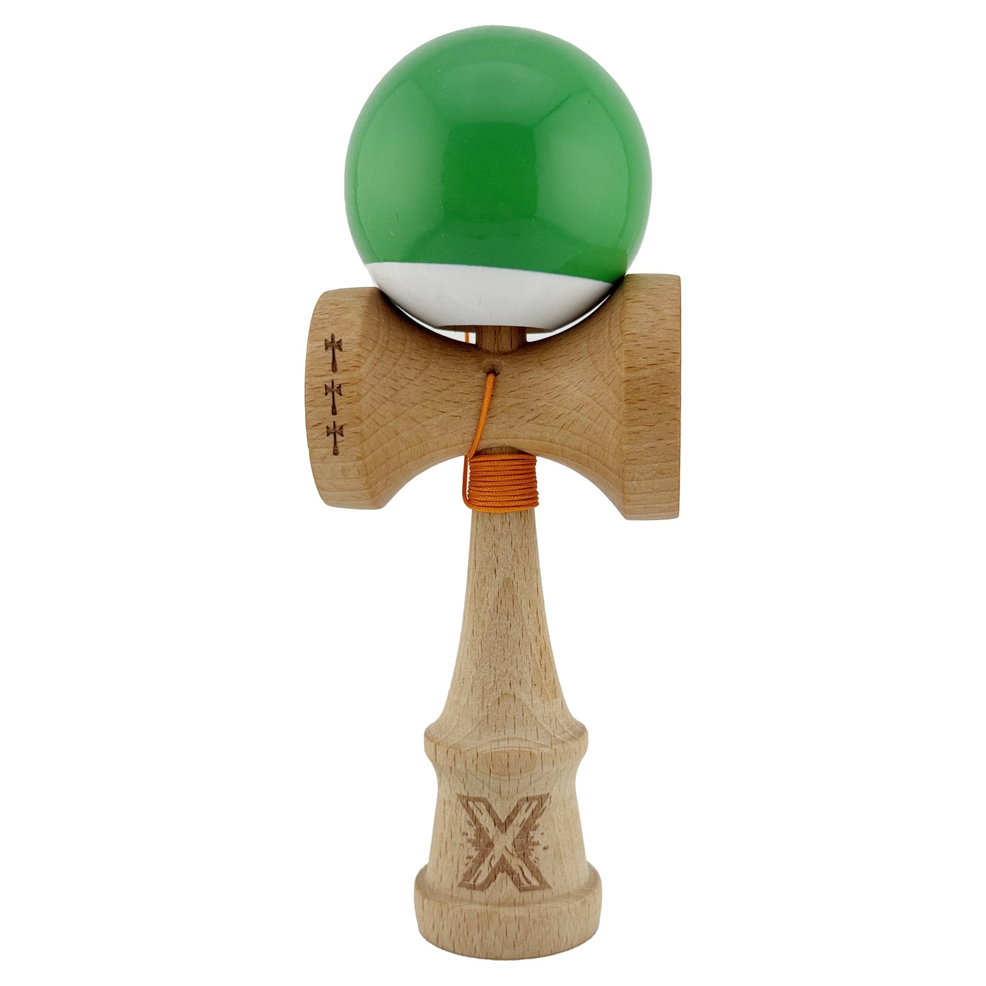 Kendama X Originala, Profesionala, Flippy, Big Cups V2, Super Sticky cu Cupe Mari, din lemn 18 cm, Rulment Metalic cu Ata 55 cm, Verde/Alb