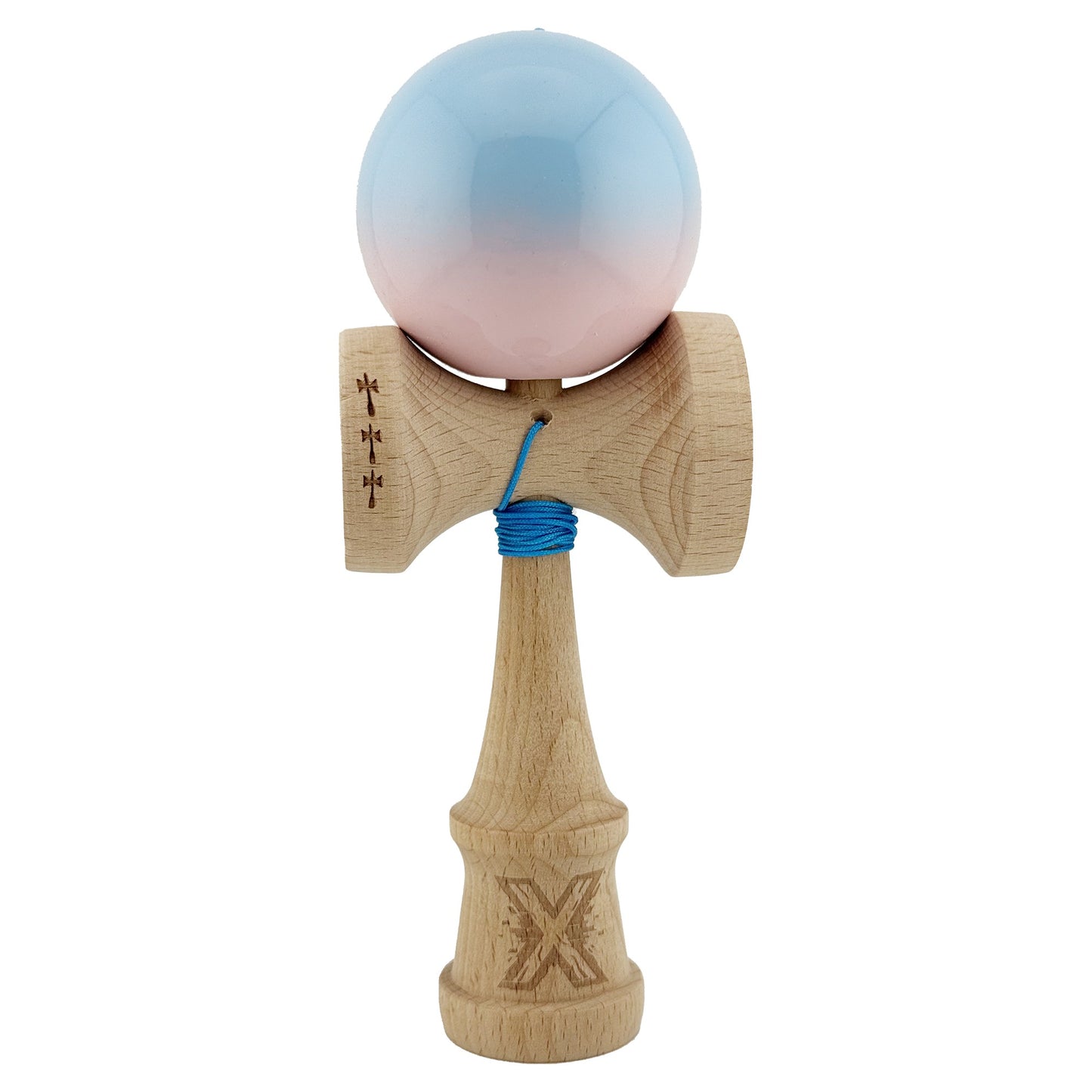 Kendama X Originala, Profesionala, Flippy, Big Cups V2, Super Sticky cu Cupe Mari, din lemn 18 cm, Rulment Metalic cu Ata 55 cm, Albastru deschis/Roz