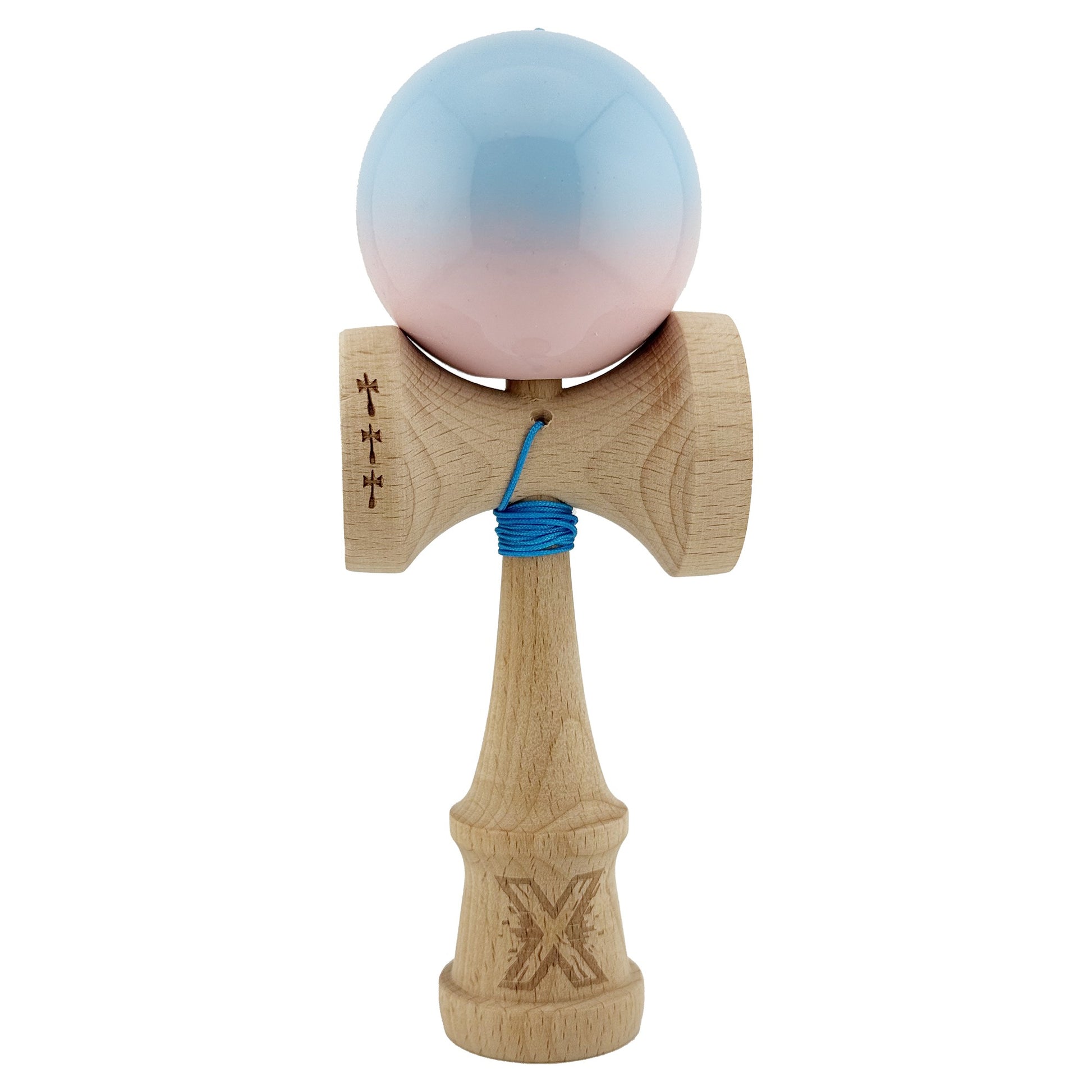 Kendama X Originala, Profesionala, Flippy, Big Cups V2, Super Sticky cu Cupe Mari, din lemn 18 cm, Rulment Metalic cu Ata 55 cm, Albastru deschis/Roz