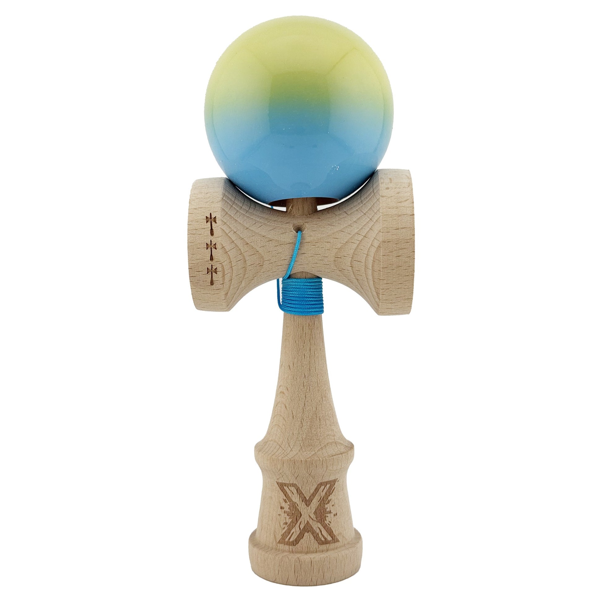 Kendama X Originala, Profesionala, Flippy, Big Cups V2, Super Sticky cu Cupe Mari, din lemn 18 cm, Rulment Metalic cu Ata 55 cm, Galben/Albastru