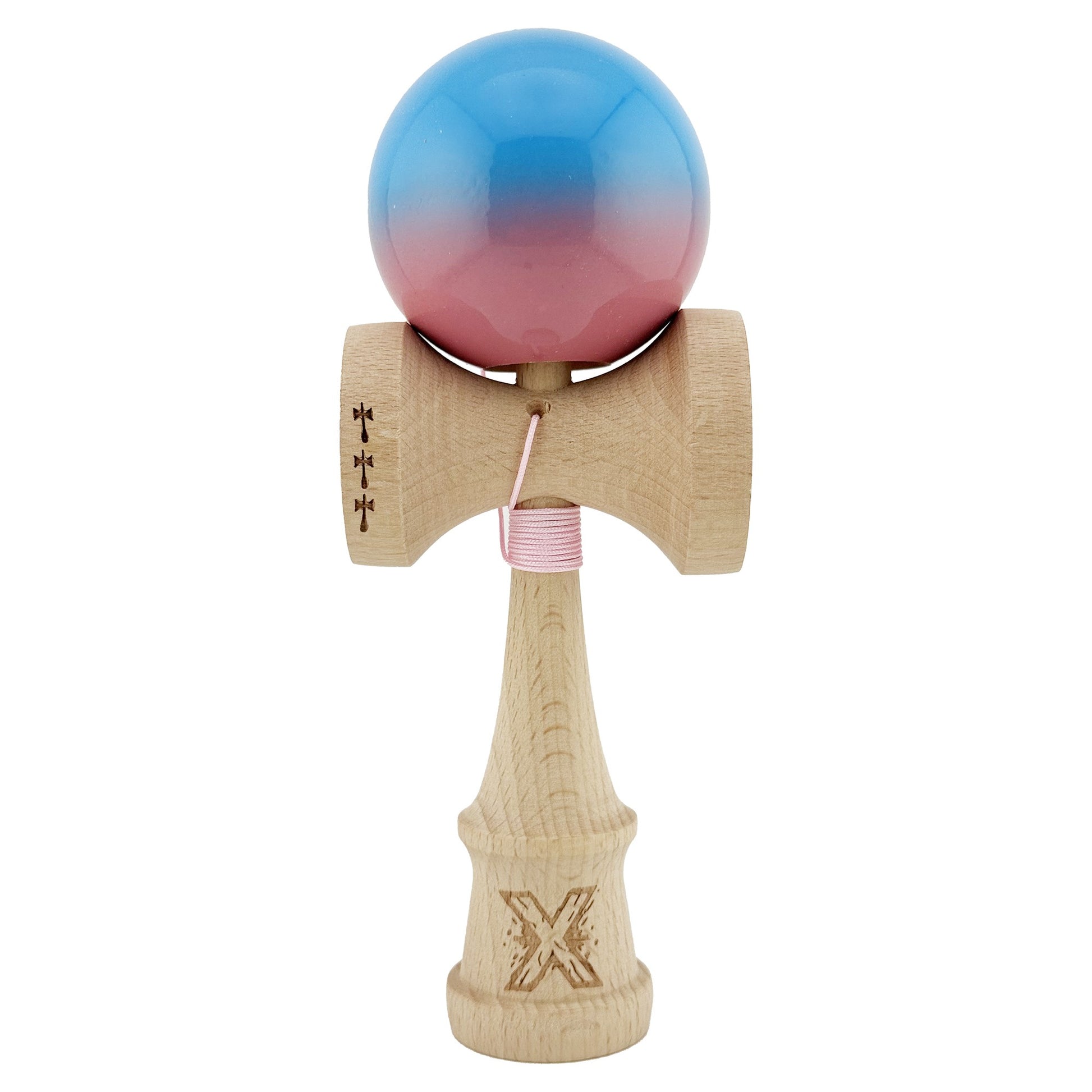 Kendama X Originala, Profesionala, Flippy, Big Cups V2, Super Sticky cu Cupe Mari, din lemn 18 cm, Rulment Metalic cu Ata 55 cm, Albastru/Roz