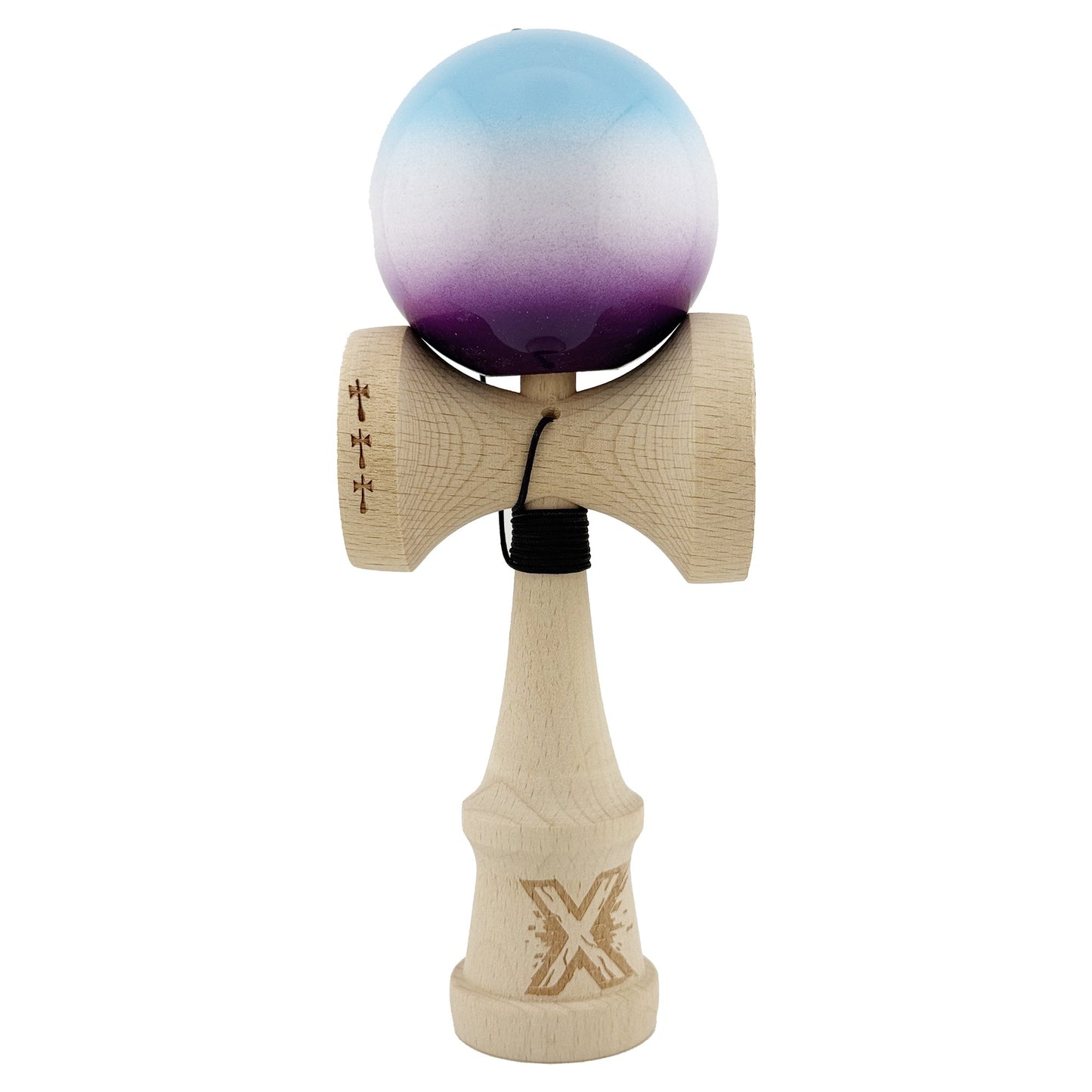 Kendama X Originala, Profesionala, Flippy, Big Cups V2, Super Sticky cu Cupe Mari, din lemn 18 cm, Rulment Metalic cu Ata 55 cm, Albastru/Alb/Mov
