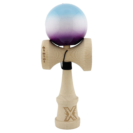 Kendama X Originala, Profesionala, Flippy, Big Cups V2, Super Sticky cu Cupe Mari, din lemn 18 cm, Rulment Metalic cu Ata 55 cm, Albastru/Alb/Mov