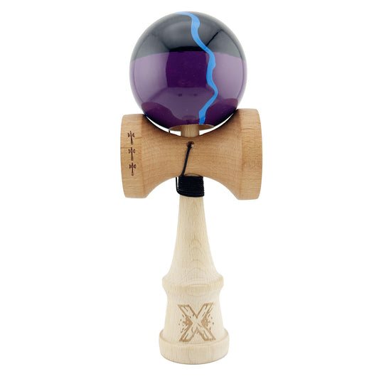 Kendama X Originala, Profesionala, Flippy, Big Cups V2, Super Sticky cu Cupe Mari, Rulment Metalic, din lemn 18 cm, Ata 55 cm, Negru/Mov