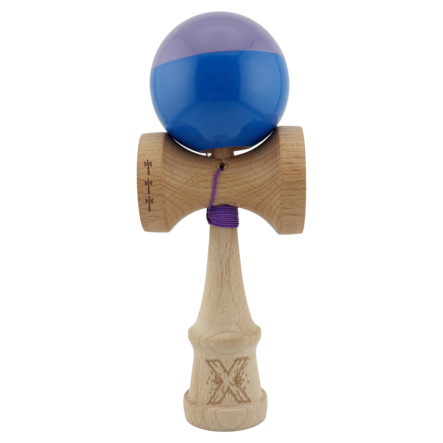 Kendama X Originala, Profesionala, Flippy, Big Cups V2, Super Sticky cu Cupe Mari, Rulment Metalic, din lemn 18 cm, Ata 55 cm, Mov/Albastru