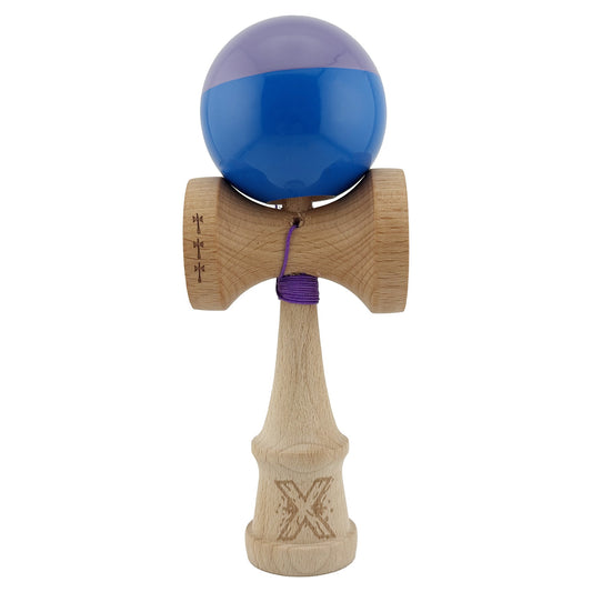 Kendama X Originala, Profesionala, Flippy, Big Cups V2, Super Sticky cu Cupe Mari, Rulment Metalic, din lemn 18 cm, Ata 55 cm, Mov/Albastru