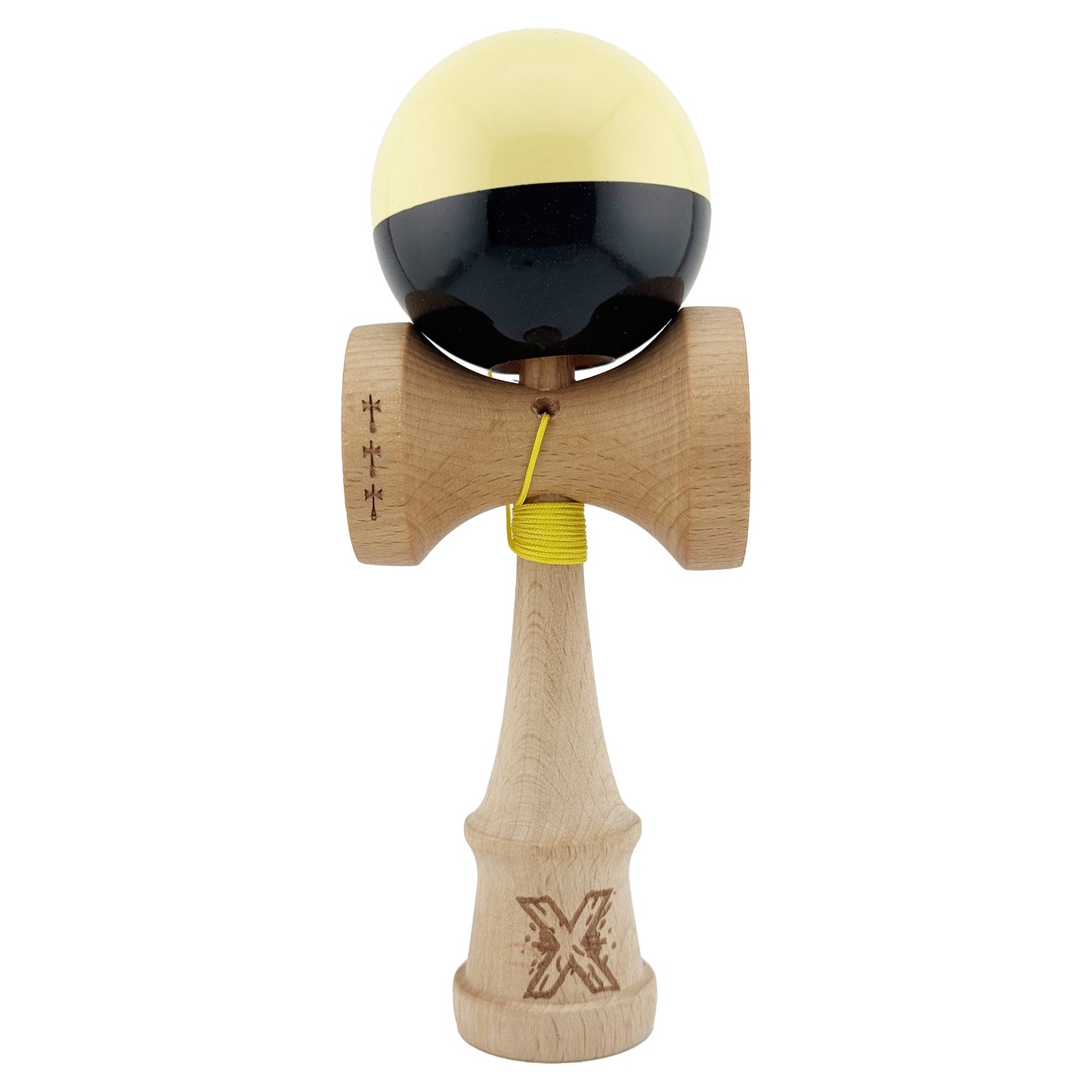 Kendama X Originala, Profesionala, Flippy, Big Cups V2, Super Sticky cu Cupe Mari, Rulment Metalic, din lemn 18 cm, Ata 55 cm, Galben/Negru