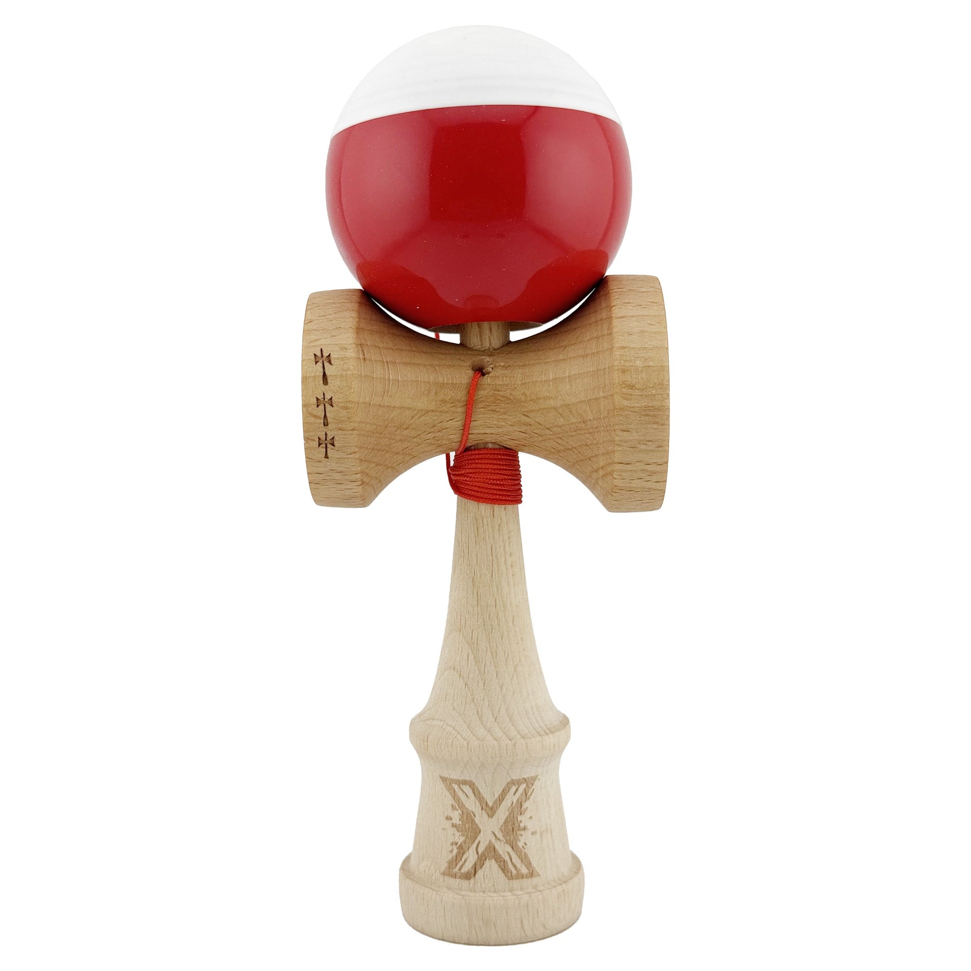 Kendama X Originala, Profesionala, Flippy, Big Cups V2, Super Sticky cu Cupe Mari, Rulment Metalic, din lemn 18 cm, Ata 55 cm, Alb/Rosu