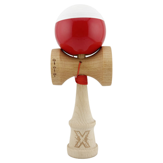 Kendama X Originala, Profesionala, Flippy, Big Cups V2, Super Sticky cu Cupe Mari, Rulment Metalic, din lemn 18 cm, Ata 55 cm, Alb/Rosu