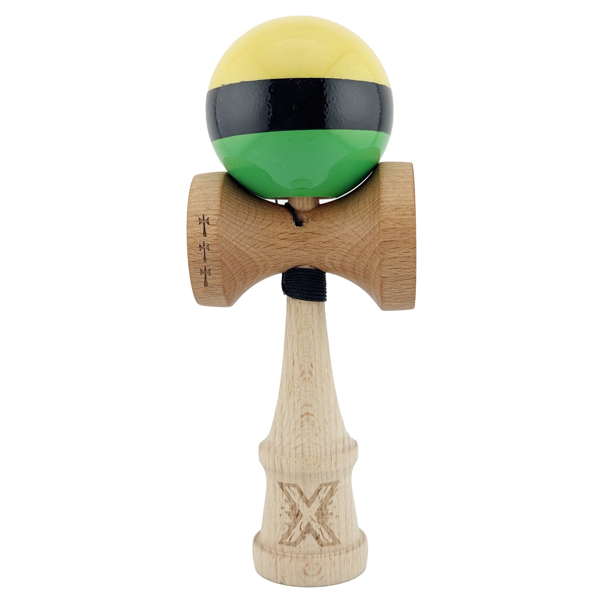 Kendama X Originala, Profesionala, Flippy, Big Cups V2, Super Sticky cu Cupe Mari, Rulment Metalic, din lemn 18 cm, Ata 55 cm, Galben/Negru/Verde
