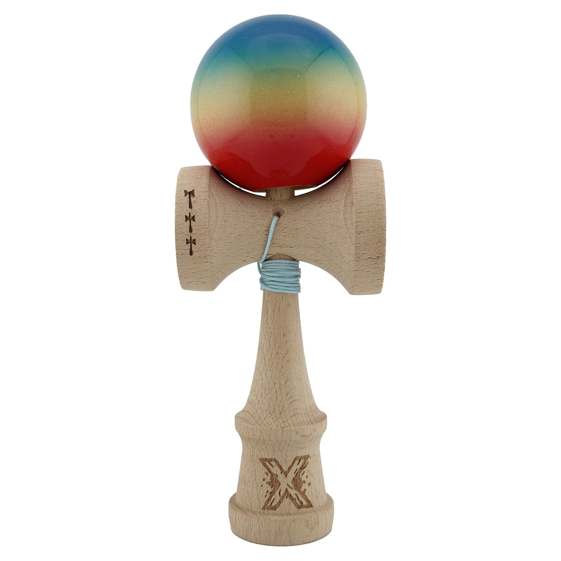 Kendama X Originala, Profesionala, Flippy, Big Cups V2, Super Sticky Cupe Mari, Rulment Metalic cu Ata 55 cm, Rosu/Galben/Albastru