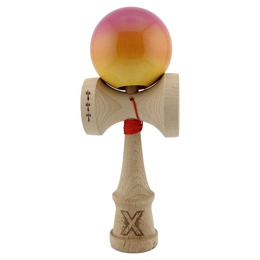 Kendama X Originala, Profesionala, Flippy, Big Cups V2, Super Sticky Cupe Mari, Rulment Metalic cu Ata 55 cm, Roz/Portocaliu/Galben