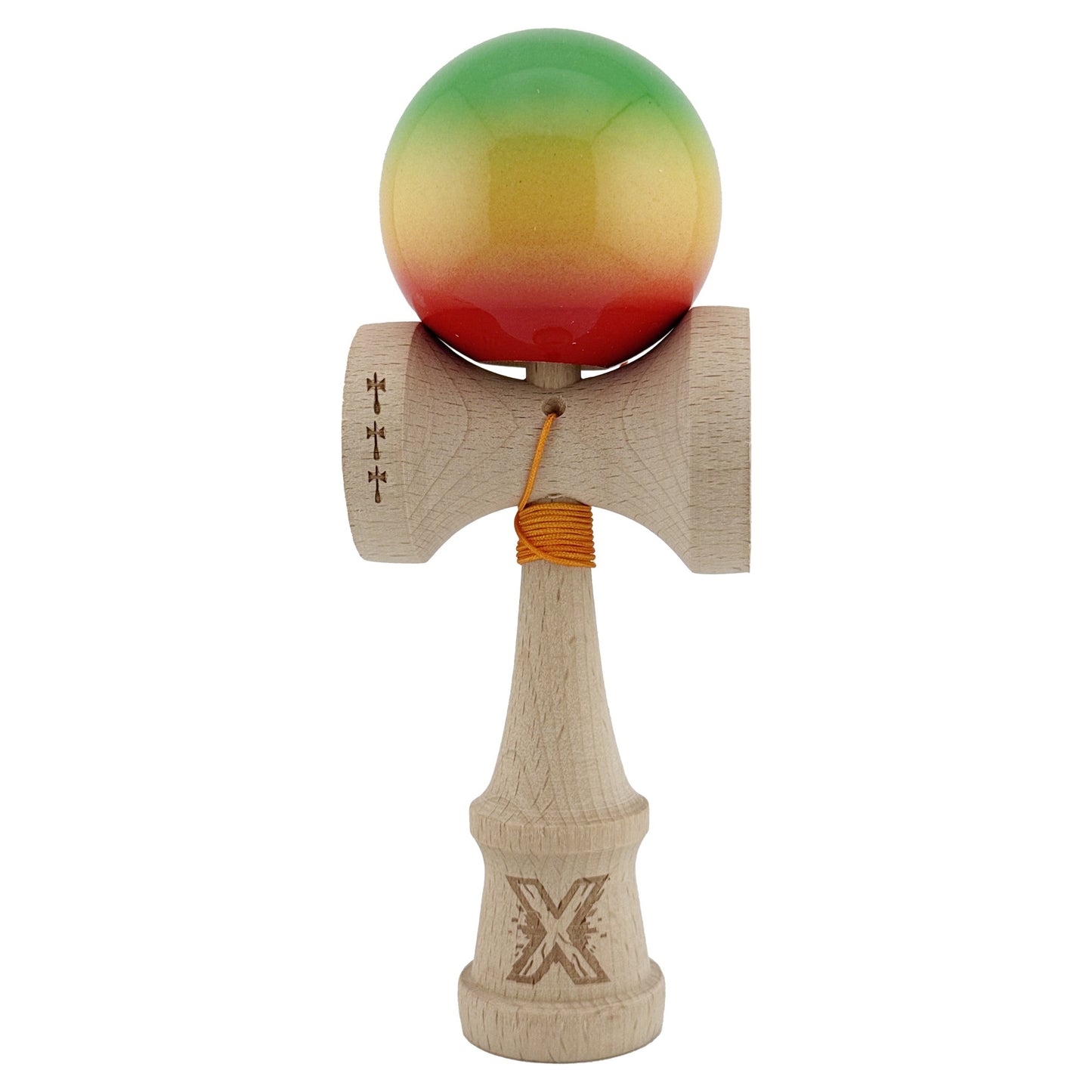 Kendama X Originala, Profesionala, Flippy, Big Cups V2, Super Sticky Cupe Mari, Rulment Metalic cu Ata 55 cm, Verde/Galben/Rosu