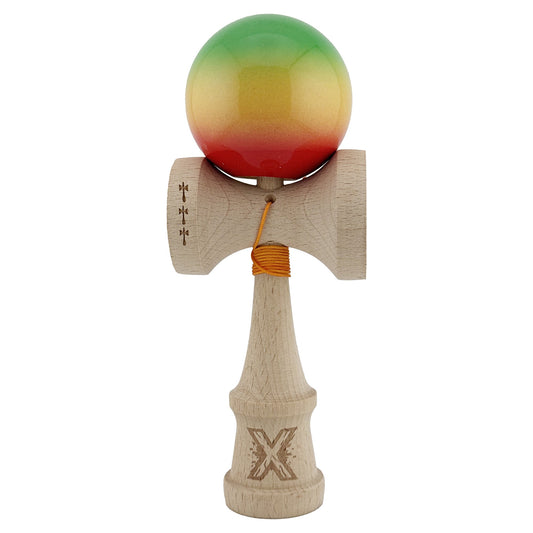 Kendama X Originala, Profesionala, Flippy, Big Cups V2, Super Sticky Cupe Mari, Rulment Metalic cu Ata 55 cm, Verde/Galben/Rosu