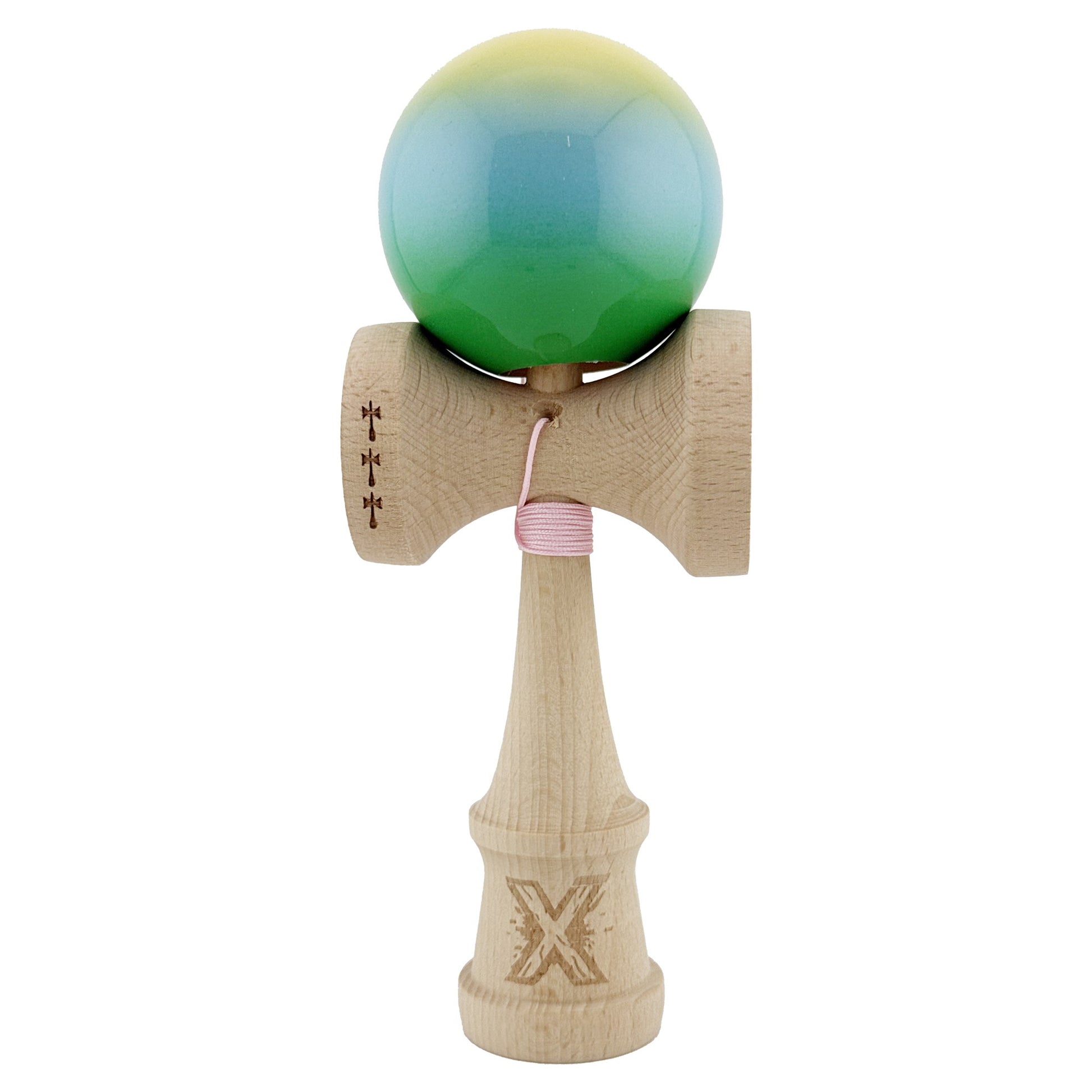 Kendama X Originala, Profesionala, Flippy, Big Cups V2, Super Sticky Cupe Mari, Rulment Metalic cu Ata 55 cm, Galben/Albastru deschis/Verde