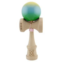 Kendama X Originala, Profesionala, Flippy, Big Cups V2, Super Sticky Cupe Mari, Rulment Metalic cu Ata 55 cm, Galben/Albastru deschis/Verde