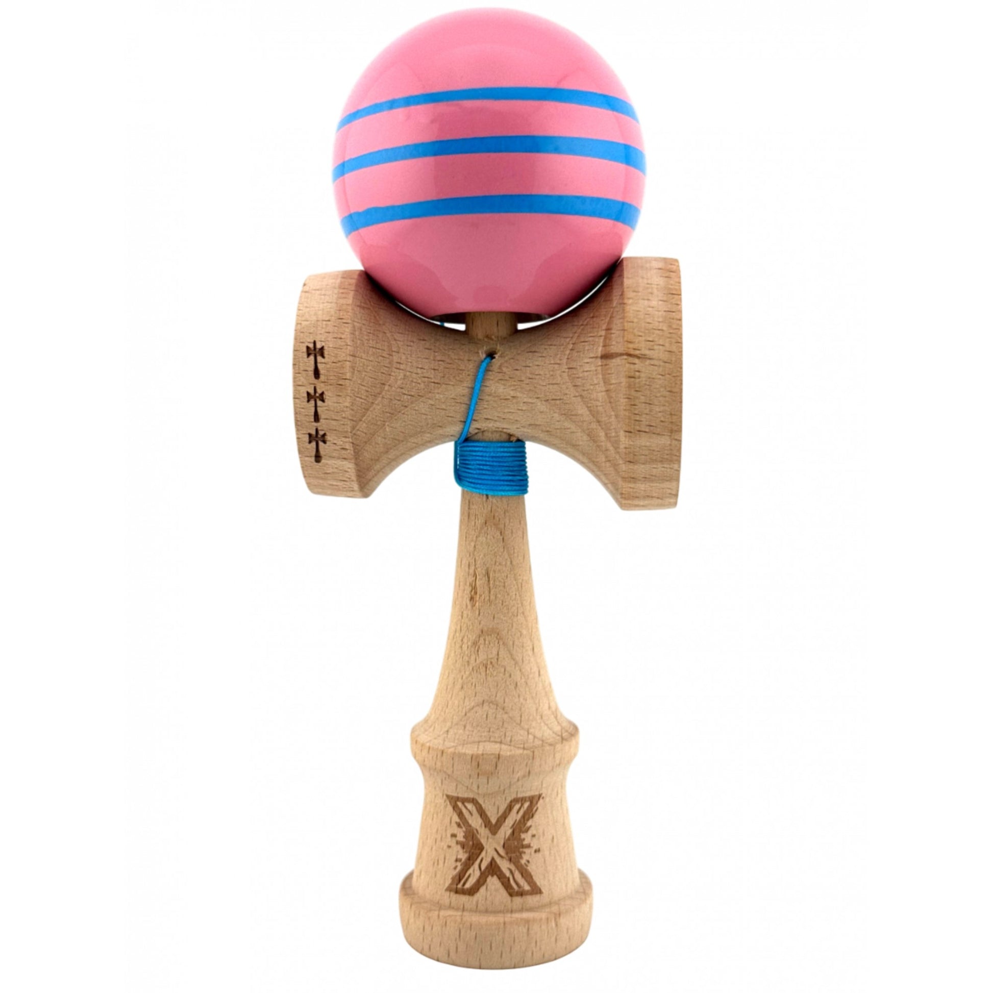 Kendama X Originala, Profesionala, Flippy, Big Cups V2, Super Sticky Legendary Cupe Mari, Rulment Metalic cu Ata 55 cm, Roz/Linii Albastre deschise