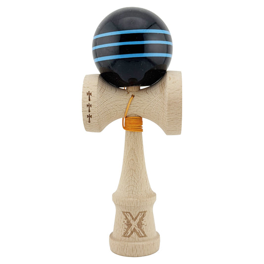 Kendama X Originala, Profesionala, Flippy, Big Cups V2, Super Sticky Legendary Cupe Mari, Rulment Metalic cu Ata 55 cm, Negru/Linii Albastre deschise