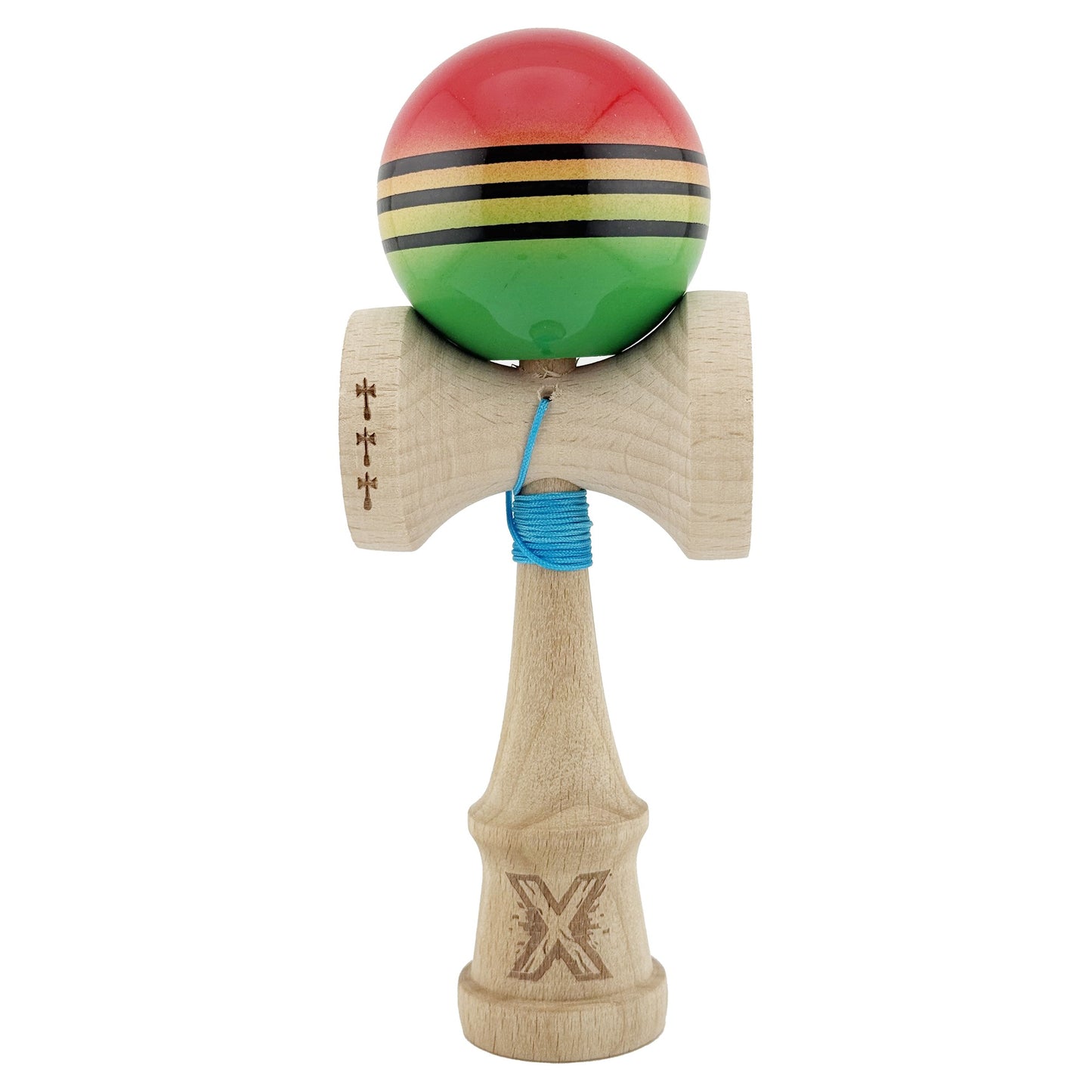 Kendama X Originala, Profesionala, Flippy, Big Cups V2, Super Sticky Legendary Cupe Mari, Rulment Metalic cu Ata 55 cm, Rosu/Galben/Verde