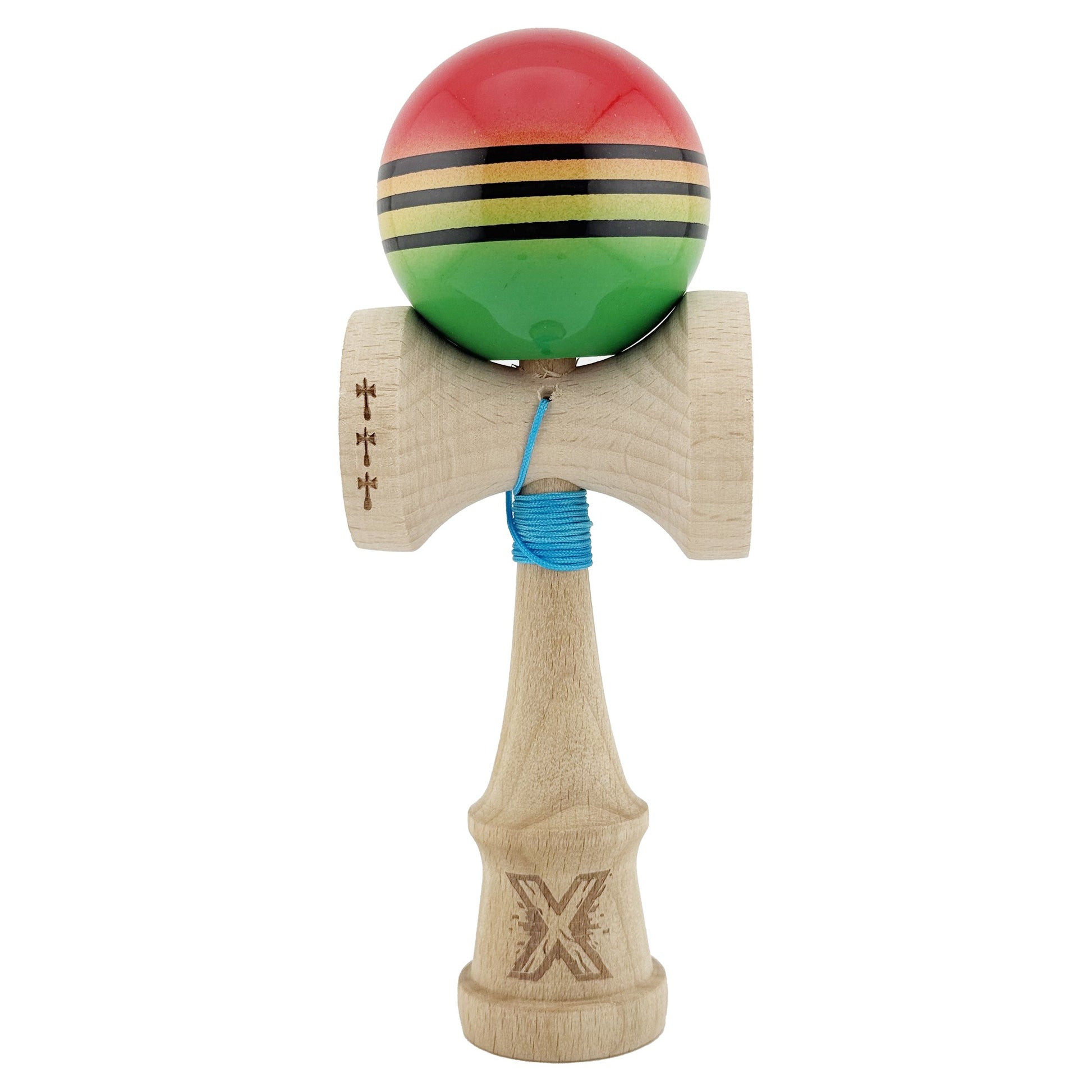 Kendama X Originala, Profesionala, Flippy, Big Cups V2, Super Sticky Legendary Cupe Mari, Rulment Metalic cu Ata 55 cm, Rosu/Galben/Verde